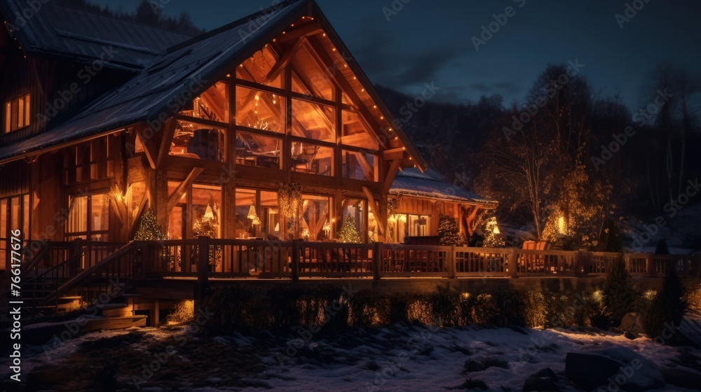 Fototapeta premium Blockhütte in einer Winterlandschaft mit Weihnachtsbaum und Lagerfeuer in weihnachtlicher Stimmung