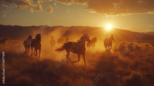 Wild horses running at sunset 