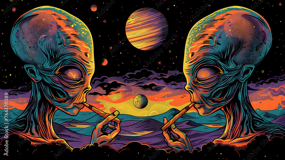 aliens in a psychedelic planet smoking a joint t shirt design, black background. Generative Ai