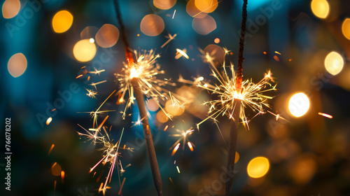 Close up of glowing sparklers their sparks flying against a backdrop of soft bokeh lights capturing the magic of celebration