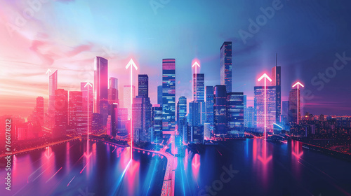 Vivid futuristic cityscape with increase arrow, Business city © BritCats Studio