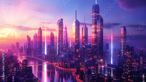 Vivid futuristic cityscape with increase arrow, Business city photo