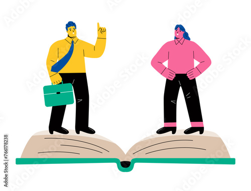 Employee handbook. Business man and business woman standing on book. Flat vector illustration isolated on white background