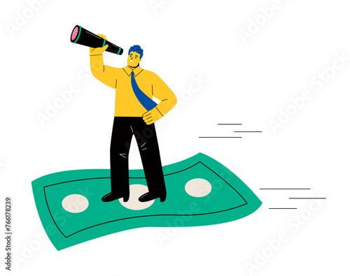 Business man looking in binocular and fly on money banknote. Flat vector illustration isolated on white background
