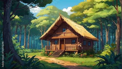 Picture of an anime-style wooden house blending harmoniously into the jungle environment.