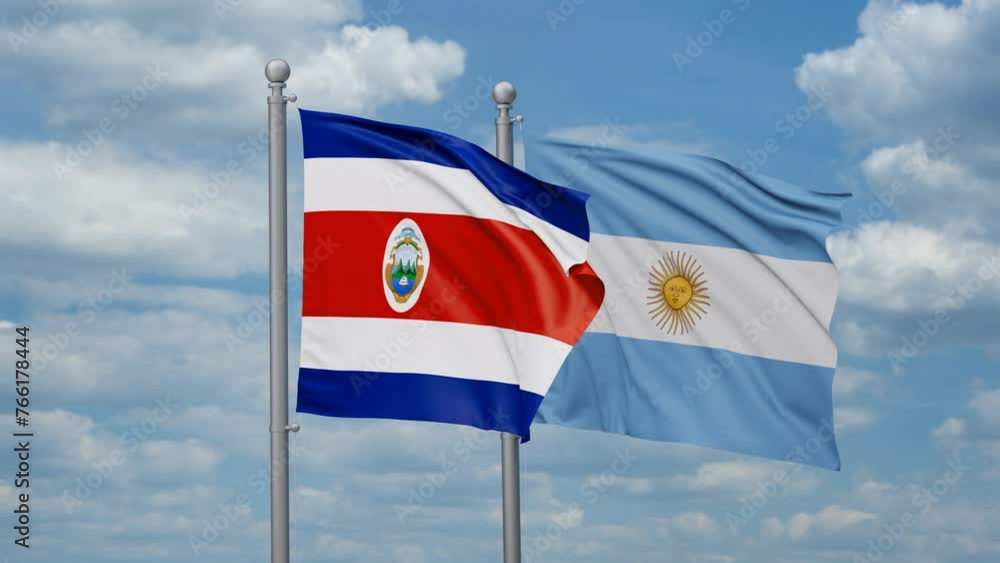 Argentina and Costa Rico two flags waving together, looped video, two country relations concept Argentina and Costa Rico two flags waving together, looped video, two country relations concept