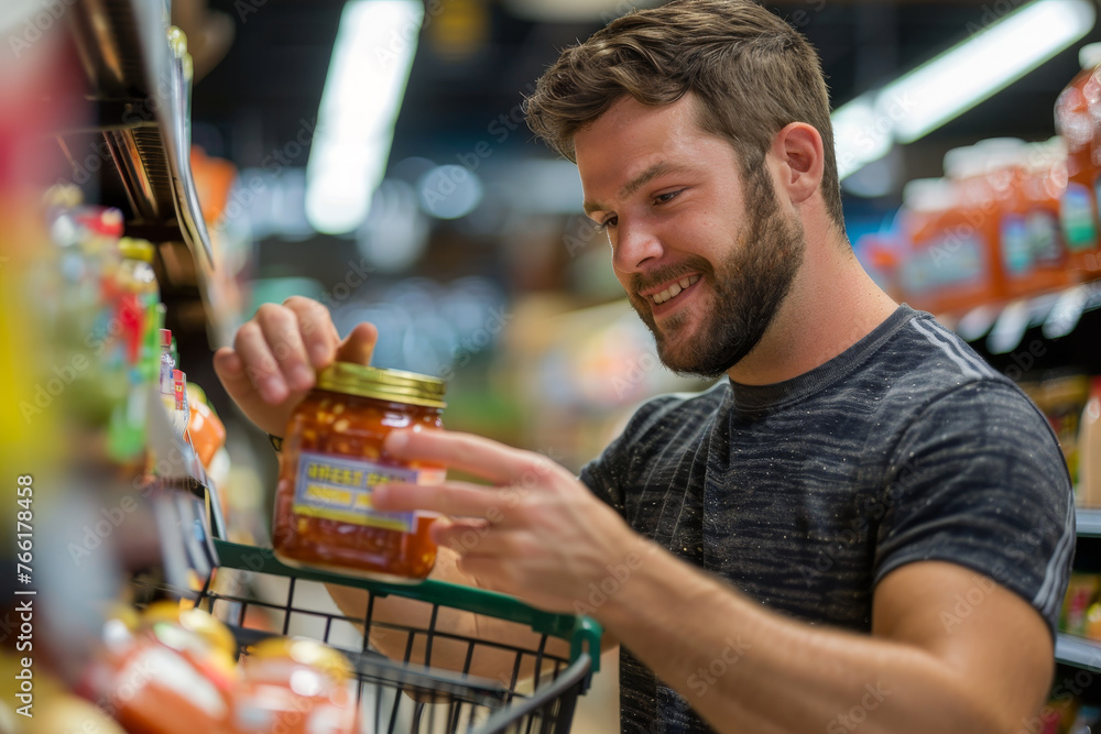 A handsome man in a grocery store, picking up a jar of salsa from a shopping cart.