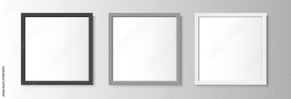 Realistic square black, grey and white frames for paintings or photographs. Vector illustration. Realistic square black, grey and white frames for paintings or photographs. Vector illustration.