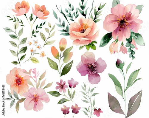 Various colorful flowers arranged together on a plain white background