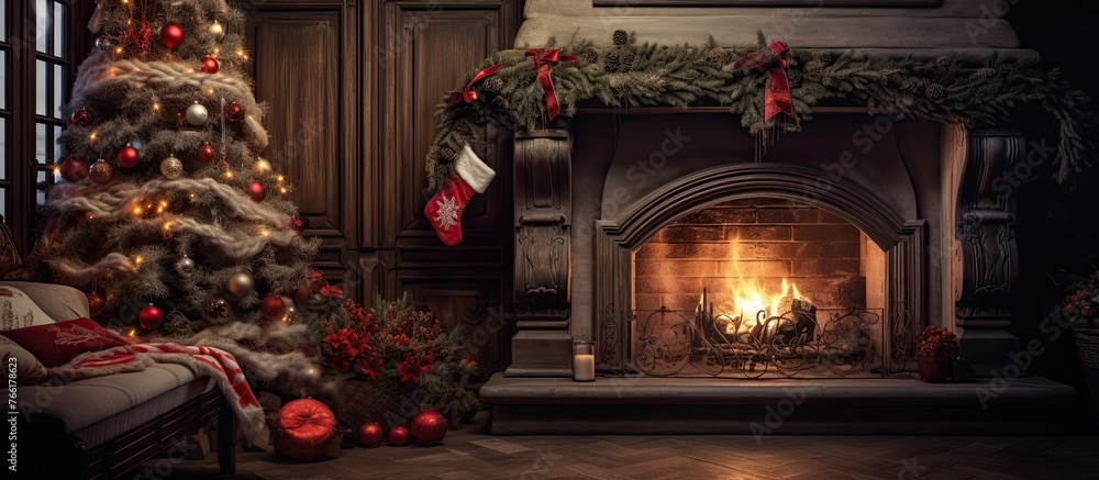 A cozy living room decorated for Christmas with a fireplace and a beautifully adorned Christmas tree made of wood. The warmth of the gas fireplace adds to the festive event