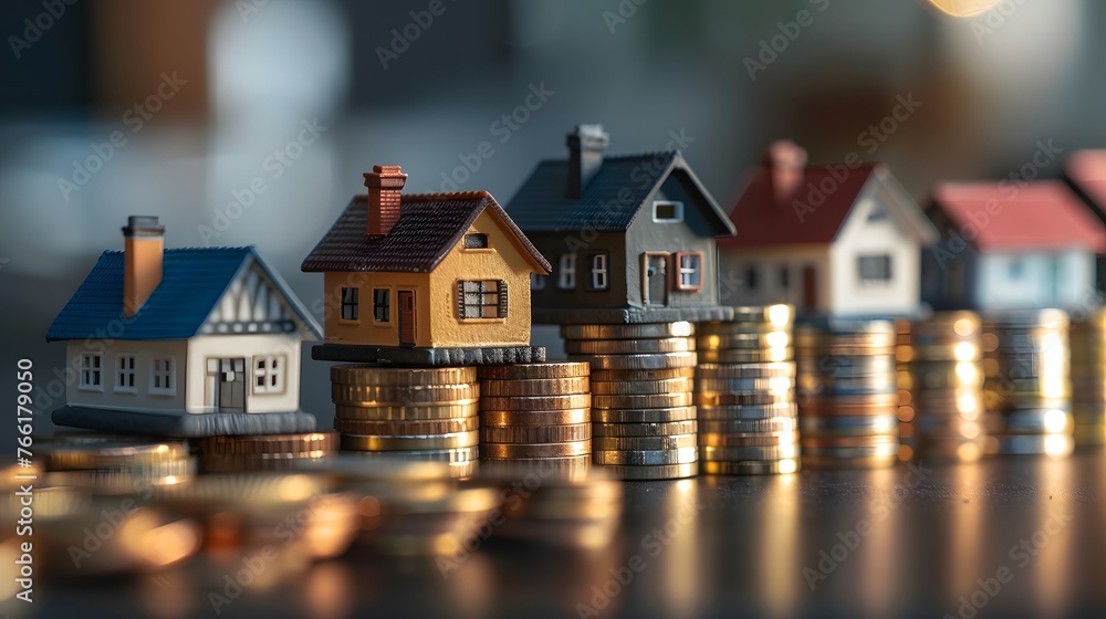 Tiny colorful houses perched atop rising stacks of coins, visually representing property investment and real estate value increase. Tiny colorful houses perched atop rising stacks of coins, visually representing property investment and real estate value increase.