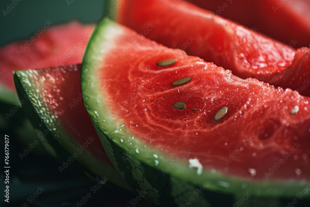 A single slice of watermelon with numerous black seeds on its juicy red flesh against a white background A single slice of watermelon with numerous black seeds on its juicy red flesh against a white background
