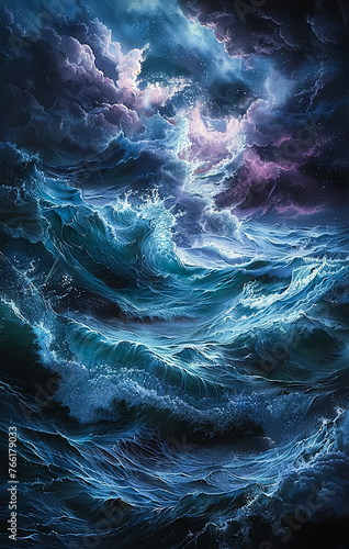 A high waves in a middle of storm heating Ocean  blue fantasy natural background