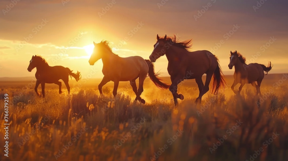 Wild horses running at sunset Wild horses running at sunset