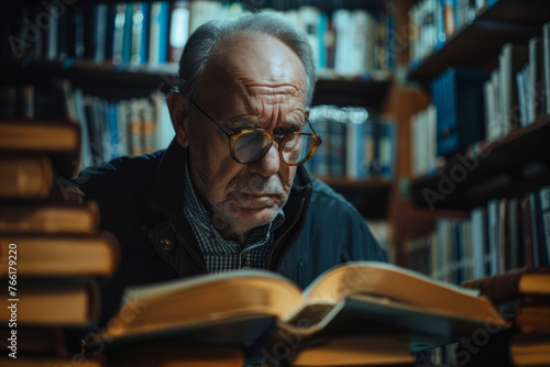 A man is reading a book in a library. He is wearing glasses and has a serious expression on his face. man university lecturer reads book. Professor studies material gaining experience in educational