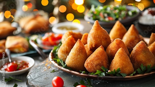 Dance party dazzling with lights, serving Coxinha, Manti, and Gyro, each dish a vision of global flavors, a culinary dance of tastes no splash photo
