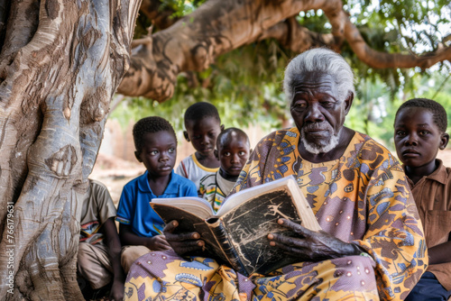 African old man reads a book to his children.
