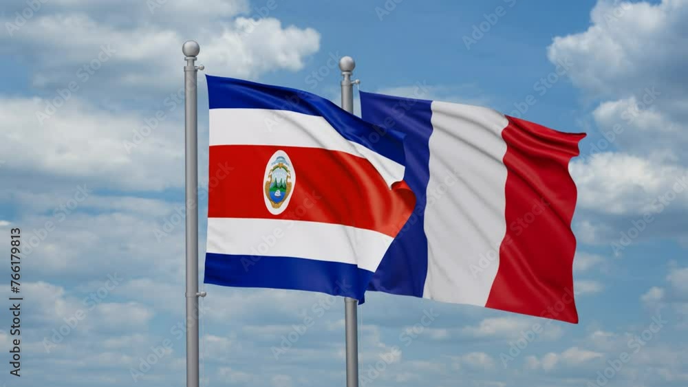 France and Costa Rico flags waving together, looped video, two country relations concept France and Costa Rico flags waving together, looped video, two country relations concept