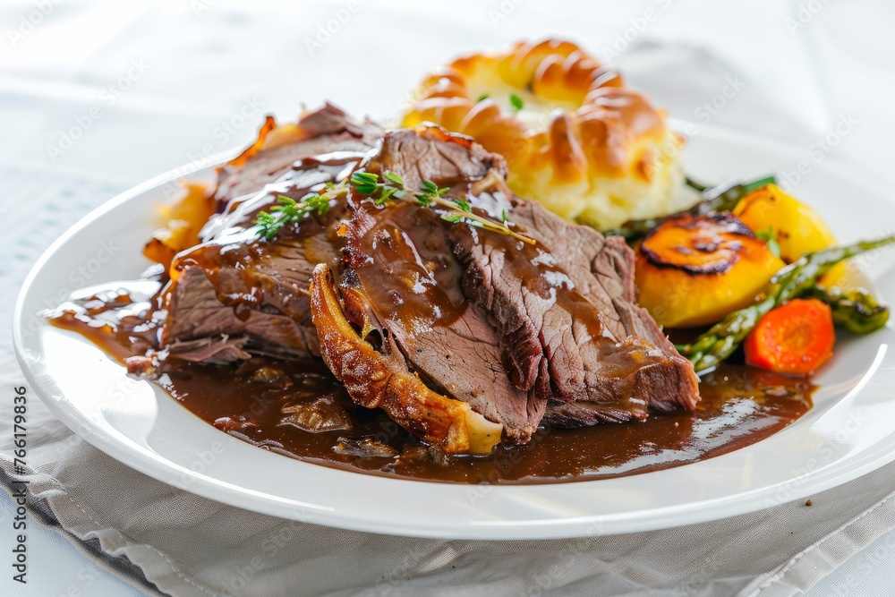 Elegant Plate of Roast Beef in Gravy with Colorful Vegetables