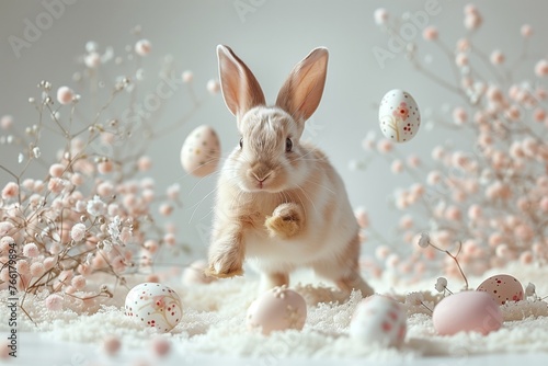 Image portrays a serene scene of a bunny surrounded by floating decorated eggs and blossoming flowers, evoking the peaceful and rejuvenating spirit of spring.