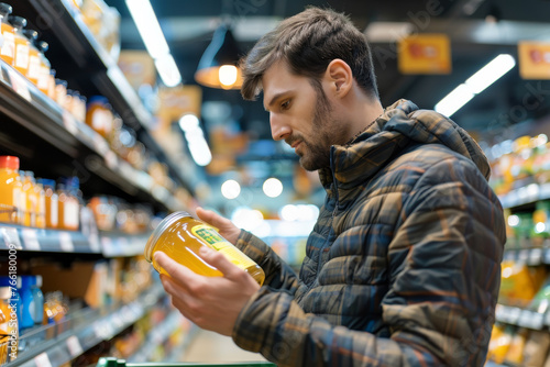 A handsome man with a shopping cart in a supermarket, carefully reading the label on a jar of organic honey.