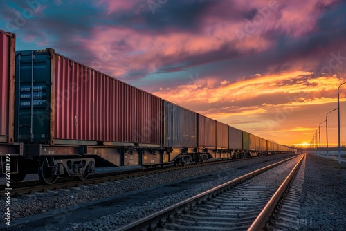 Sunset Over Freight Train in Rural Landscape, Side View