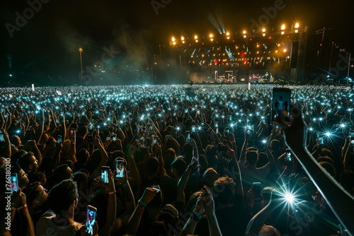 Music Festival Audience with Smartphones, Stage Lights Illumination