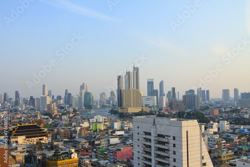 Bird’s Eye View of Downtown, Chinatown and Chao Phraya River in Bangkok, Thailand