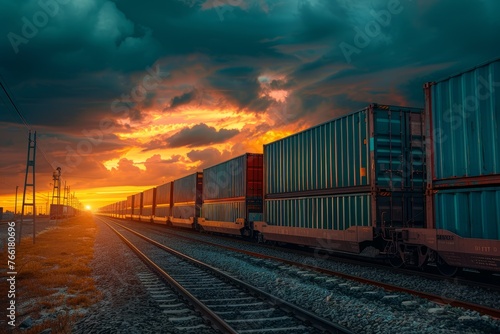 Sunset Over Rail Freight with Shipping Containers