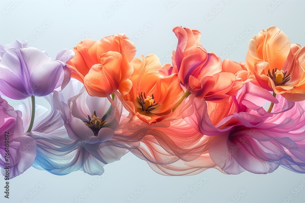 An exquisite portrayal of a collection of flowers in diverse hues, appearing to float or be immersed in water, resulting in a dreamlike and artistic visual impression.