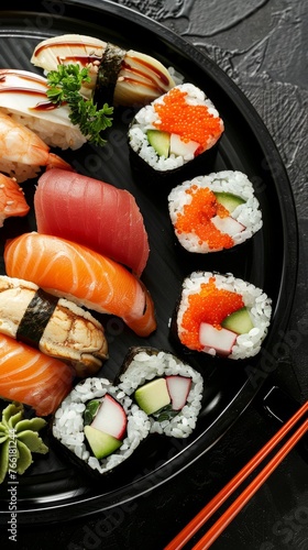 Japanese food - Sushi and rolls in a restaurant, close up