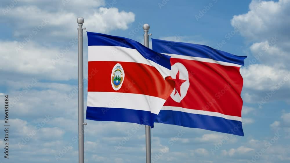 North Korea and Costa Rico two flags waving together, looped video North Korea and Costa Rico two flags waving together, looped video