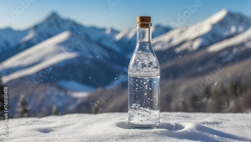 A bottle of pouring crystal water against blurred nature snow mountain landscape background Generative AI