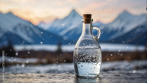 A bottle of pouring crystal water against blurred nature snow mountain landscape background Generative AI