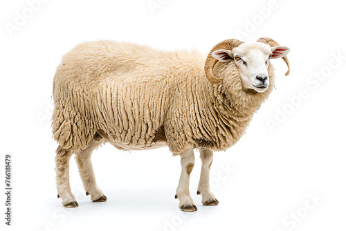 Portrait full body shot of male sheep or ram standing in front of white background. eid adha sacrificed animal in muslim belief. photo