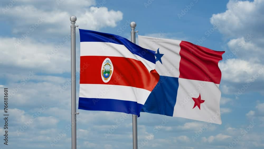 Panama and Costa Rico two flags waving together, looped video, two country relations concept Panama and Costa Rico two flags waving together, looped video, two country relations concept