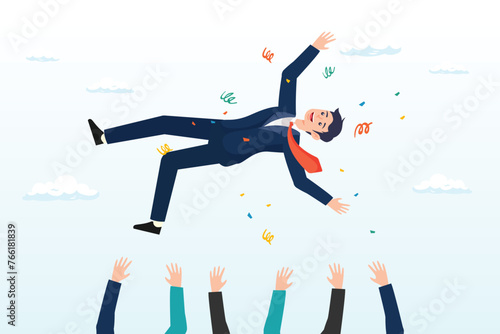 Joyful company colleagues throwing their happy boss into the air celebrating team success, job promotion celebration, winning prize, success in work or goal achievement congratulation party (Vector) photo