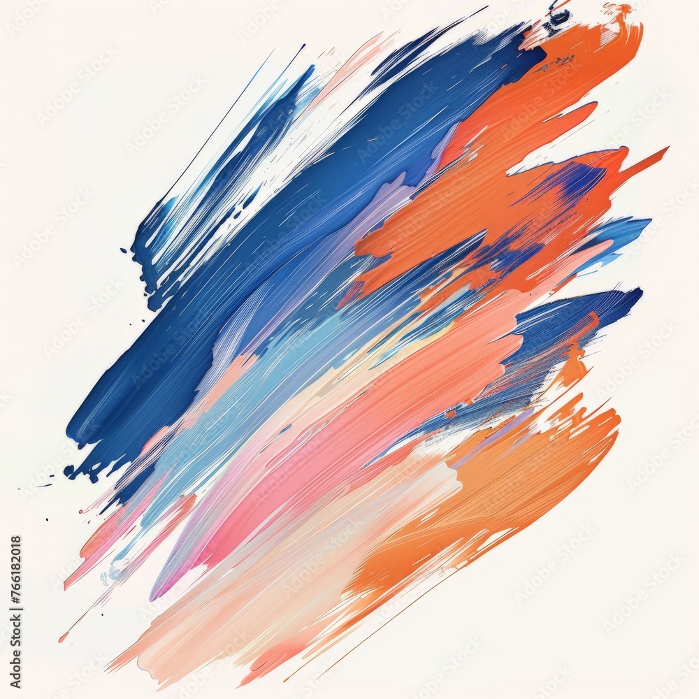 Bright and colorful blue, orange, and pink paint strokes stand out against a clean white background
