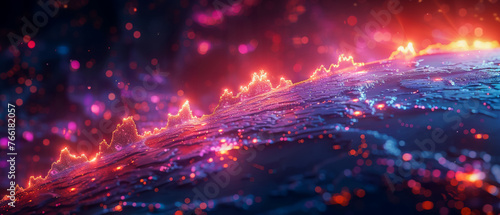 Digital waves cresting with neon light and sparkling particles  reminiscent of an aurora in a dreamscape.