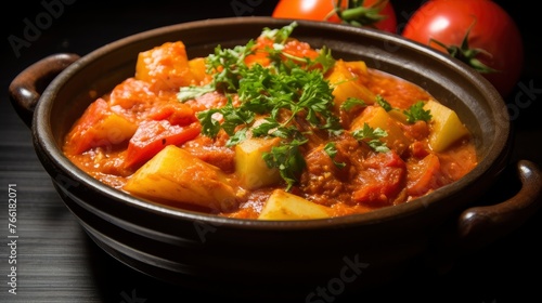Hearty and healthy vegetable stew garnished with fresh coriander in a brown earthenware bowl.