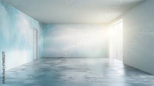 An empty space with a shady floor, in the style of light silver and light blue, blurred landscapes, minimalist still life, sunrays shine upon it.