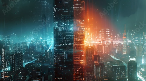 Cyberpunk Cityscape:Divided Digital-Analog World in Futuristic Metropolis #766182421