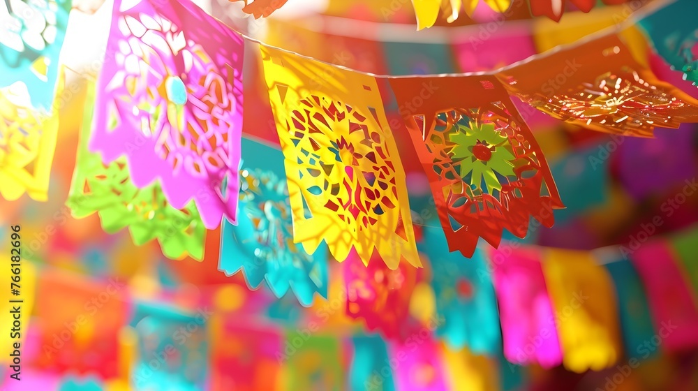 Vibrant and Colorful Mexican Fiesta with Intricate Paper Art Banners and Garlands