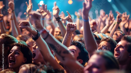 Energetic Crowd Celebrating at a Lively Music Festival or Concert with Enthusiastic Cheers and Raised Hands