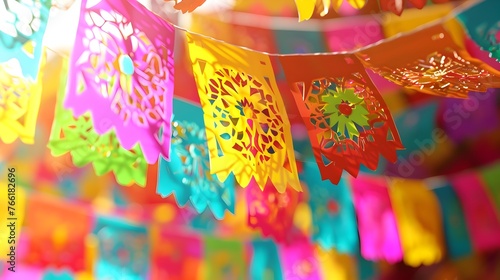 Vibrant and Colorful Mexican Fiesta with Intricate Paper Art Banners and Garlands © R Studio