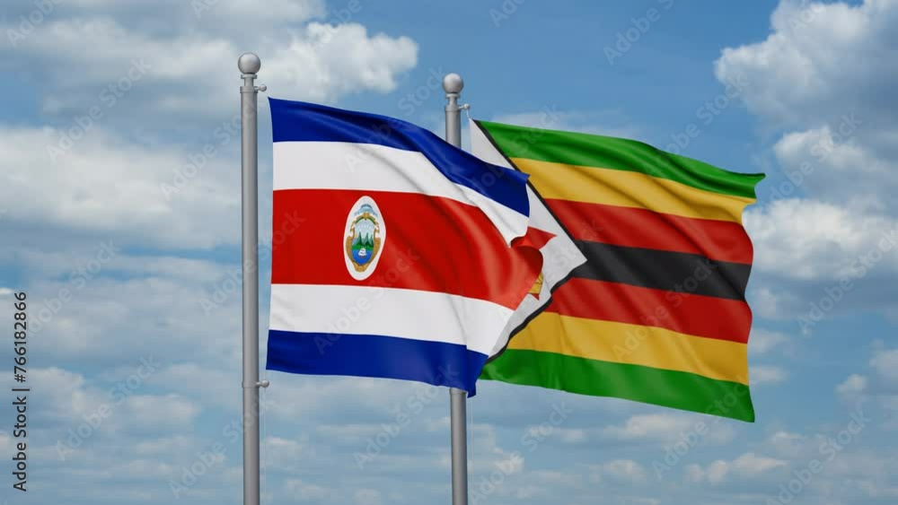 Zimbabwe and Costa Rico two flags waving together, looped video, two country cooperation concept Zimbabwe and Costa Rico two flags waving together, looped video, two country cooperation concept