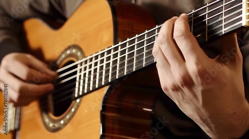 Skilled Musician's Hands Passionately Playing Acoustic Guitar with Intricate Finger Work and Expression