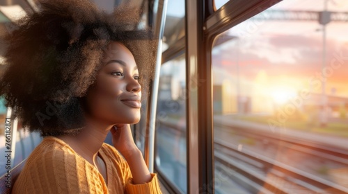 Pensive young African American woman, happily gazing out the window during her morning commute on an urban light rail train, expressing gratitude