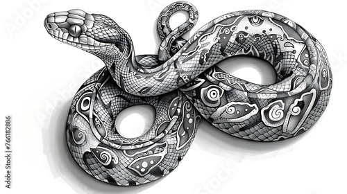 an snake drawing is shown in black and white, in the style of tattoo inspired, tempera, bold outlines. Generative Ai