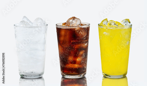 Tablou pe pânză Set of cold soft drink difference flavor Fanta , sprite, Coke  in tall glass cola, soda water, orange flavor in tall glass isolated with reflection on white background
